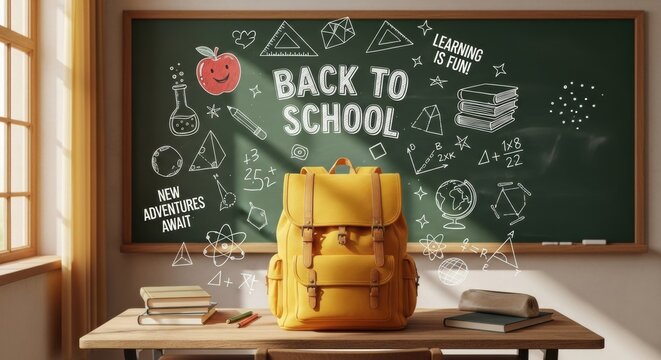 Vibrant Yellow Backpack and Chalkboard Art Evoke Nostalgic Back-to-School Excitement - Powered by Adobe