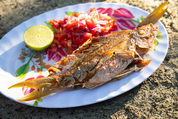 Fried fish at a restaurant in El Cuyo, a fishing village on Mexico's Yucatan Peninsula.