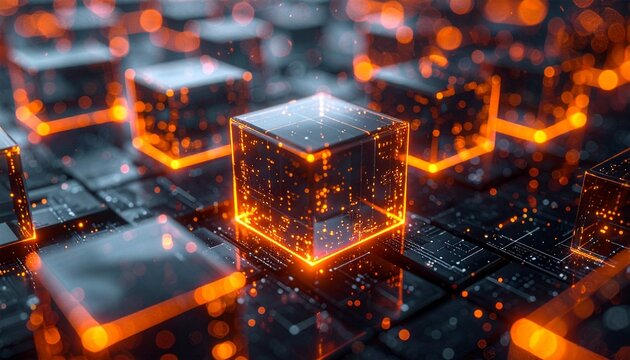 Glowing orange cubes on dark grid, cybernetic landscape, futuristic data environment. - Powered by Adobe