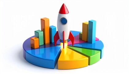 3D pie chart with rising bars and rocket launch, data-driven success, startup momentum.