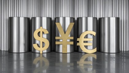 Metal barrels with golden currency symbols, industrial finance concept, global economics.