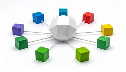 Geometric sphere with colorful cubes, network structure, symbolic connectivity.