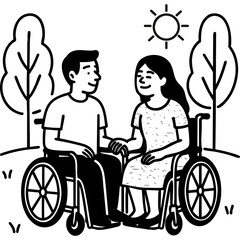 Diverse Couple Holding Hands in Wheelchairs Outdoors on a Sunny Day with Trees and Grass in the Background Enjoying a Peaceful Moment Together