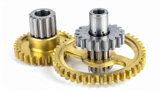 Precision-machined gear shafts, brass and steel components, mechanical engineering focus. - Powered by Adobe