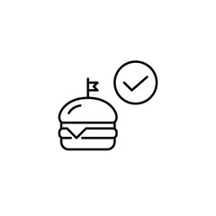 Burger and checkmark. Verified meal, safe delivery, order approved. Pixel perfect, editable stroke vector icon