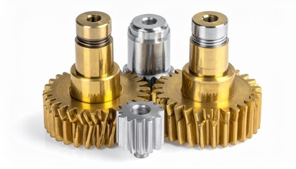 Precision-machined gear shafts, brass and steel components, mechanical engineering focus.