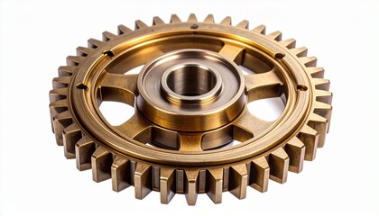 Brass gear with central bearing, mechanical component, metallic texture, engineering focus.