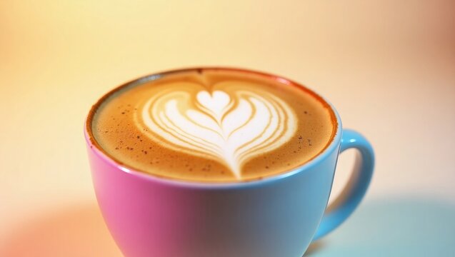 Coffee cup with latte art heart pattern image