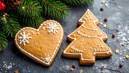 Festive gingerbread cookies on a dark stone surface