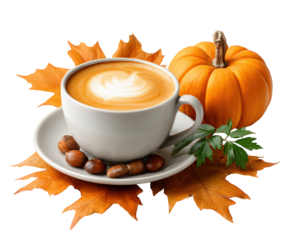 Warm cup of coffee with pumpkin spice latte art, small pumpkin, and autumn leaves. cozy, seasonal beverage on transparent background, perfect for fall