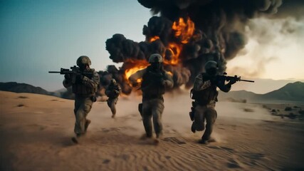 Soldiers in desert with explosion in background.