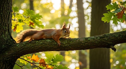 Squirrel Resting on a Branch in Autumn Sunlight.