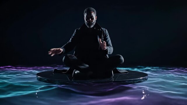 Man practices meditation on floating platform. Levitation creates mystical aura. Neon light ripples like liquid under platform. Pose echoes yoga and spiritual focus. Dark space enhances surreal tone.
