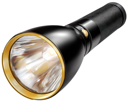 Black and gold waterproof flashlight, an essential survival tool for an emergency. This isolated torch provides bright, powerful light, offering guidance and safety