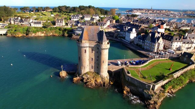 France Brittany Saint-Malo Aerial 4K Video Drone Reveal of Tour Solidor Tower & Bay with Sailing Yachts and Historic Walled City Skyline Background Maritime Heritage Travel View