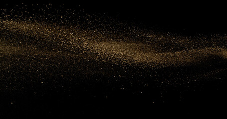 Fine beige cosmetic powder cloud suspended in air, isolated on black background. Elegant abstract motion concept captured in studio light. Makeup explosion and beauty design.