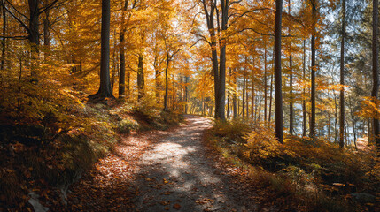 A winding path through an autumn forest with golden leaves and tall trees on a sunny day scene