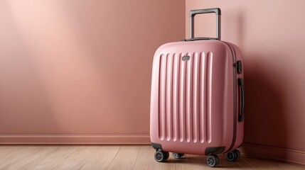 A pink suitcase is sitting on a wooden floor