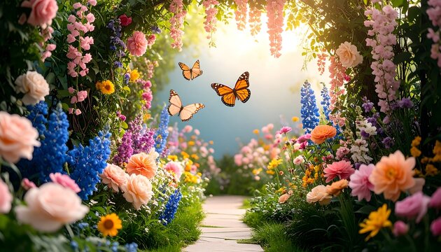 Fototapeta Flower tunnel, sunlight, butterflies