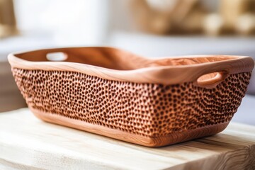 “Textured Wooden Basket with Handles”