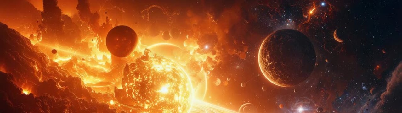 Exploding sun creating intense cosmic planetary landscape.