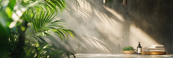 Botanical spa oasis with tropical leaves and natural stone textures creates a calming atmosphere in warm sunlight