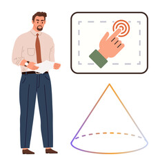 Man holding paper with touchscreen interface and cone diagram representation. Ideal for innovation, data analytics, education, business strategy, presentation, problem-solving, or digital