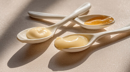 Close up of three white spoons each containing different types of creams and substances