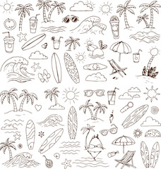 Fototapeta premium Collection of hand drawn black and white sketches of tropical beach elements and summer vacation icons