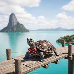 Turtle with a Bowtie on a Wooden Bridge in Paradise.