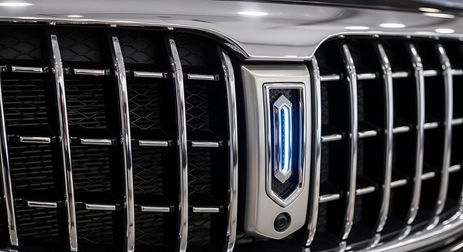 Close-up of a Hongqi H9 car grille with illuminated logo.