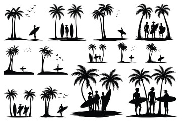 Tropical beach silhouettes palm trees surfers and birds
