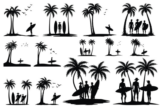 Tropical beach silhouettes palm trees surfers and birds