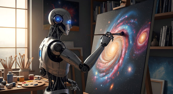 Robot painting galaxy on canvas