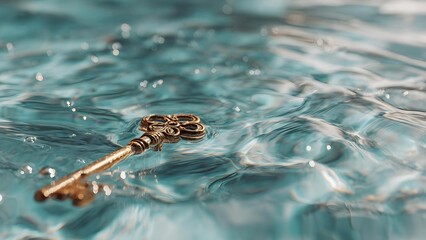 An old ornate brass key floating on turquoise water. Concept Vintage brass key, Turquoise water, Maritime mystery, Brass patina, Lost treasure