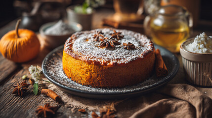 A pumpkin cake with powdered sugar and star anise on a plate with pumpkin and cinnamon sticks