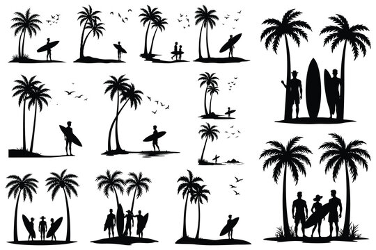 Tropical beach silhouettes with palm trees surfers and birds - Powered by Adobe