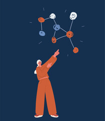 Cartoon vector illustration of a woman pointing at stars and constellations as a metaphor for curiosity, exploration, and cosmic inspiration