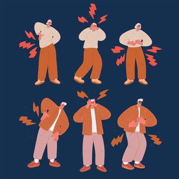 Cartoon vector illustration of a man and woman carrying invisible burdens as a symbol of pain in back, head, and stomach, emotional stress, and shared struggle