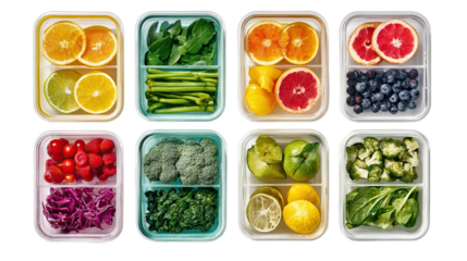Hyper-Detailed Flat Lay of Organized Meal Prep Containers for the Week on Transparent Background