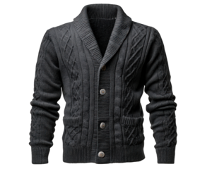 Classic dark grey wool cardigan sweater providing cozy and warm feeling. Comfortable long sleeve knitwear clothing, fashionable garment for stylish winter outfit