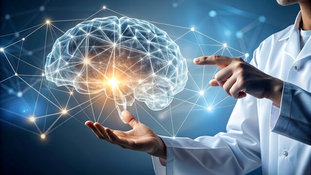 A doctors hands interact with a luminous 3d model of a brain connected by a digital network, illustrating neuroscience and ai