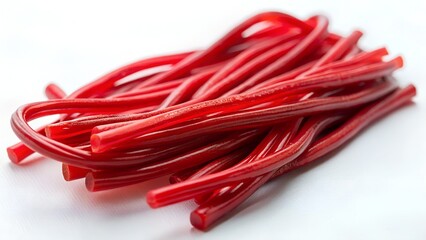 A pile of bright red licorice strings, twisted and tangled together, presented on a clean, plain white background for a simple, isolated product shot
