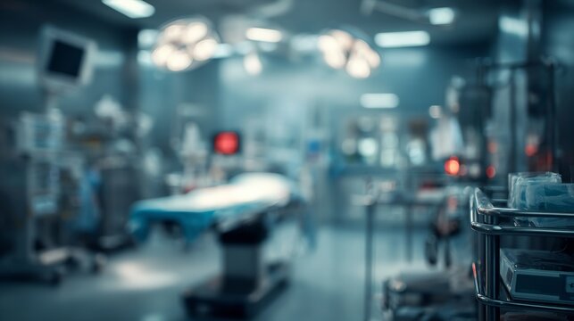 Modern operating room scene with surgical equipment and bright lights ready for procedure