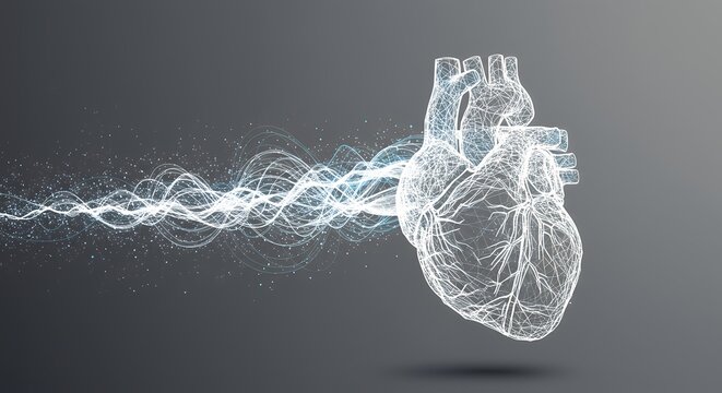 Anatomical heart illustration with energy wave on grey background