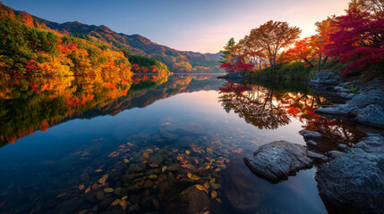 A scenic view of a lake reflecting autumn foliage with mountains in the background at sunset