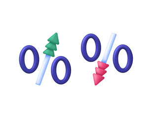 a concept of percent increase and percent decrease. illustration of increasing and decreasing percentage symbols. discount, value, percentage. 3d style design. symbols, elements, white background