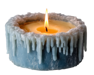 Serene blue decorative candle holder with an ice sculpture design. warm, bright light from burning flame provides calm and cozy glowing illumination