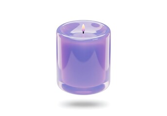 Illuminated lavender candle on white backdrop for relaxation and ambiance