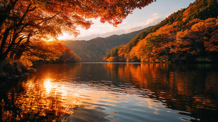 A scenic view of a lake surrounded by mountains and trees with autumn colored foliage